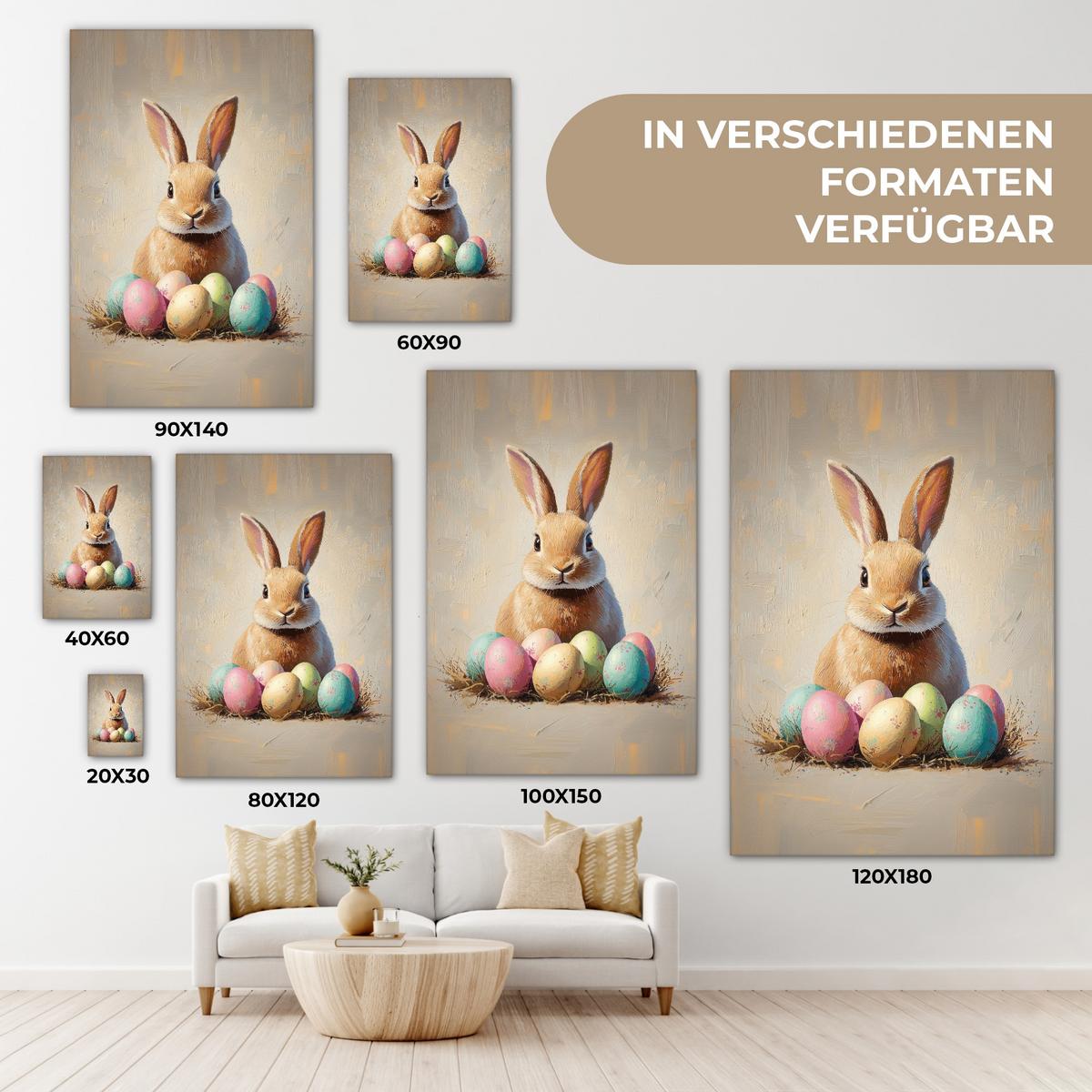 LEINWANDBILD Osterhase - Pastell - Eier Deko Groß 90x140 cm - Beige, Textil (90/140cm) - MuchoWow