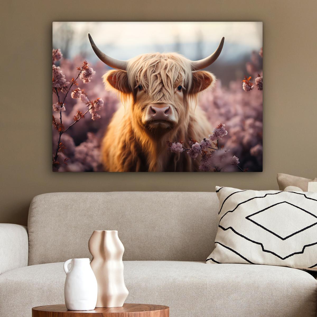 LEINWANDBILD Schottischer Hochländer - Frühling - Hochland Wandbilder 80x60 cm - Hellrosa, Textil (80/60cm) - MuchoWow