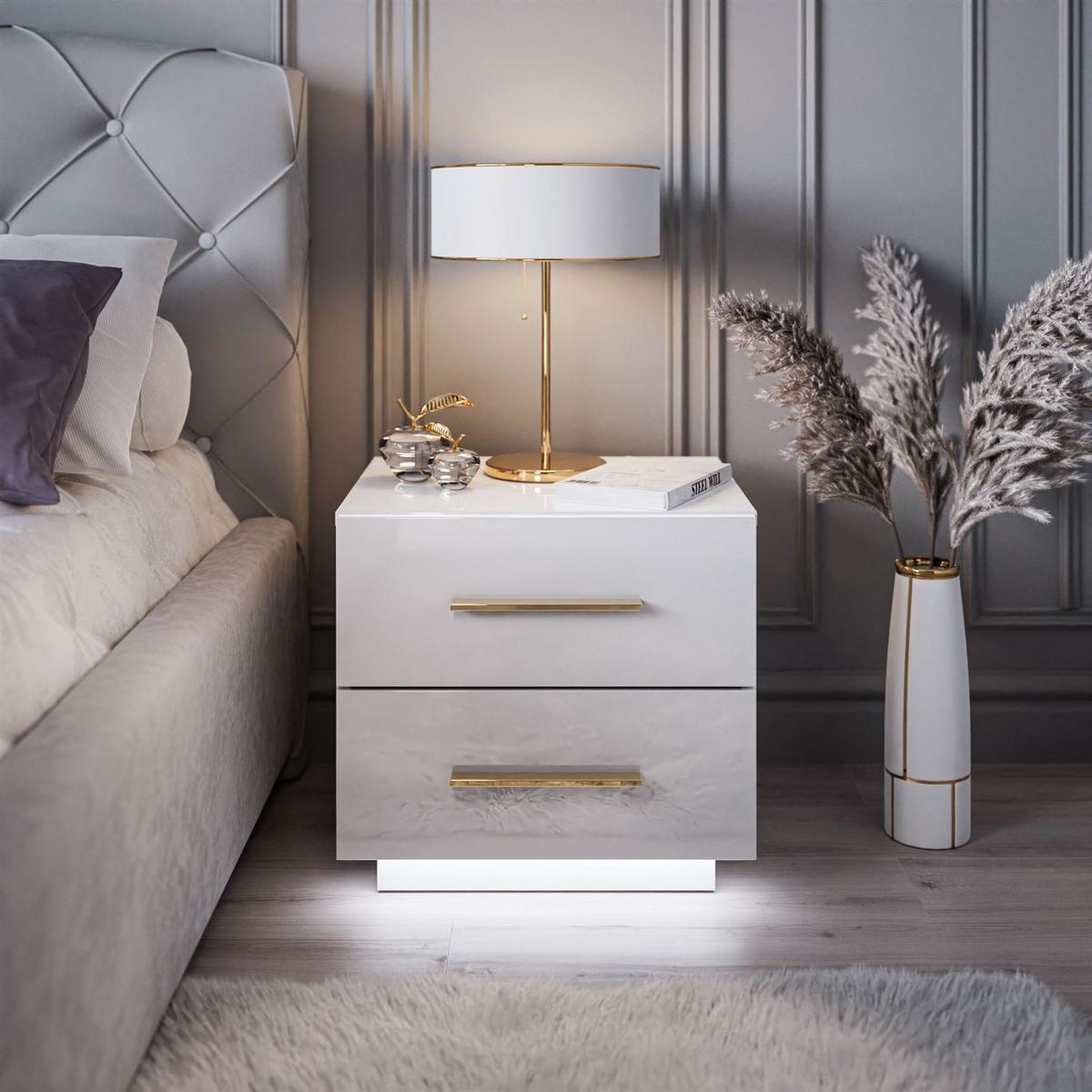 NACHTTISCH LINA LUX mit Griffen und Hochglanzplatte, LED – Griffe: Gold-Chrom - Weiß, Holzwerkstoff (45/48/38.5cm) - Lookway