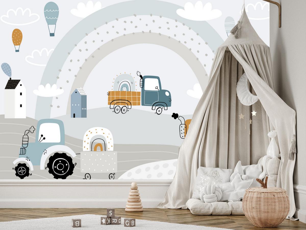 FOTOTAPETE für Kinderzimmer Baumaschinen Regenbogen Hügel Wolken 450x315 - Blau/Beige, Papier (450/315cm) - Muralo