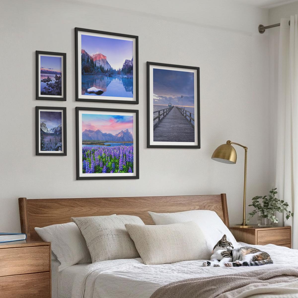 BILDER SET 5er Set - 50x50 cm & 20x30 cm & 40x60 cm Schwarzer Rahmen - Berglandschaften, Wasser, Blumenfeld - Schwarz, Kunststoff (40/60cm) - TULUP