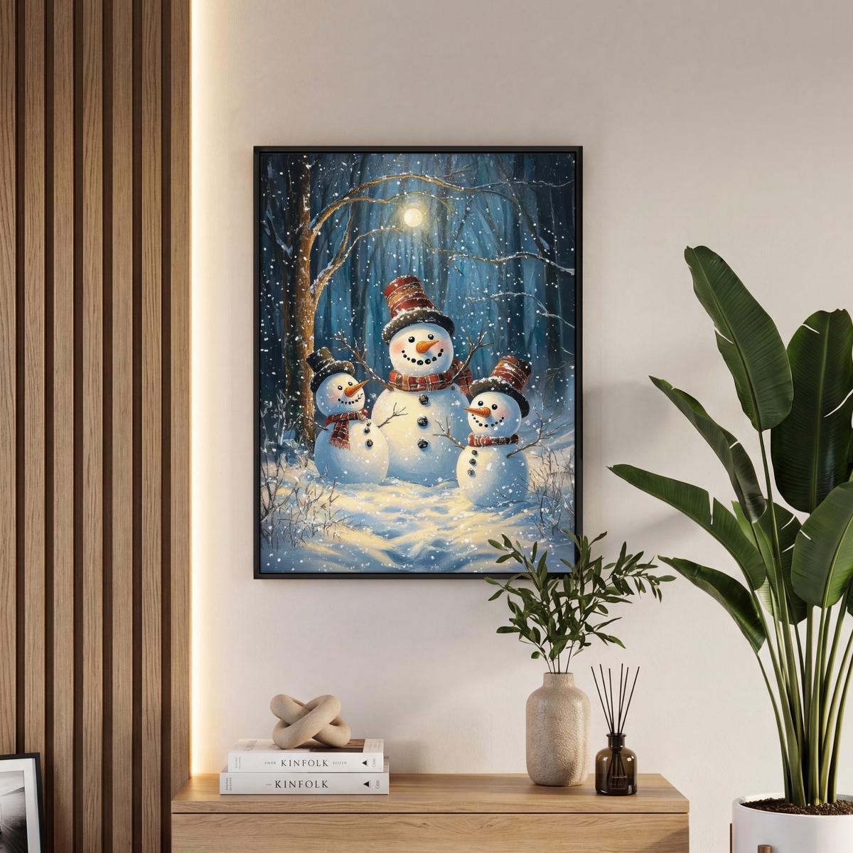 LEINWAND Bilder mit Rahmen - Schneemann - Schnee - Winter - Wald - 50x70 - Hellblau, Textil (50/70cm) - MuchoWow