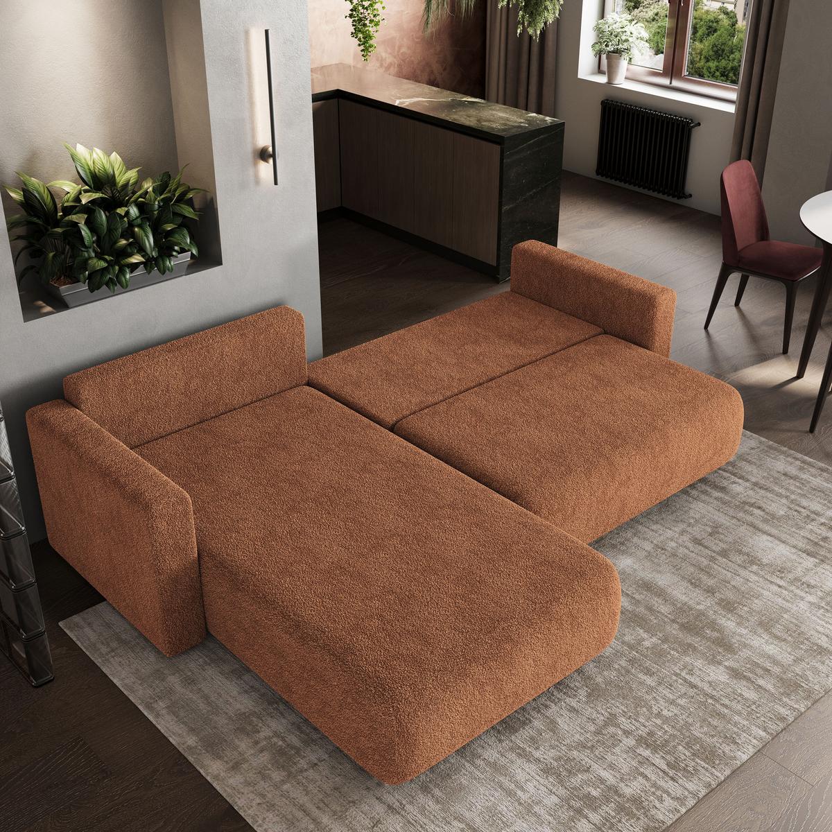 ECKSOFA TURIN N Orange Bucle-Stoff mit Schlaffunktion - Orange/Grau, Holz/Kunststoff (265/183cm) - MASSENO