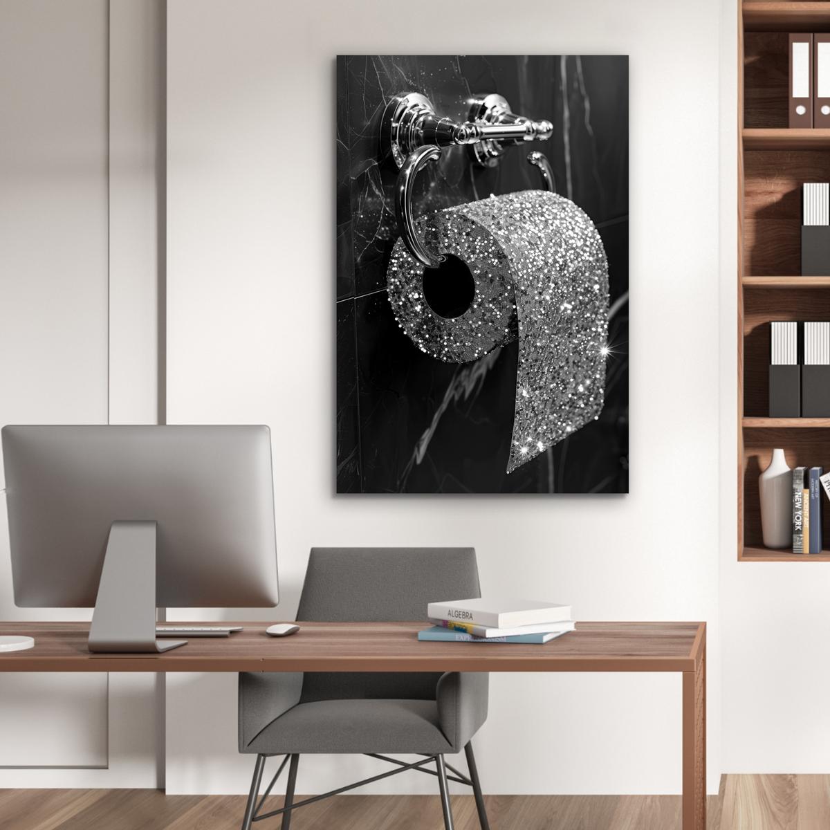 METALLBILD WC - Toilettenpapier - Schwarz und weiß - Glitter 80x120 cm - Silberfarben, Metall (80/120cm) - MuchoWow
