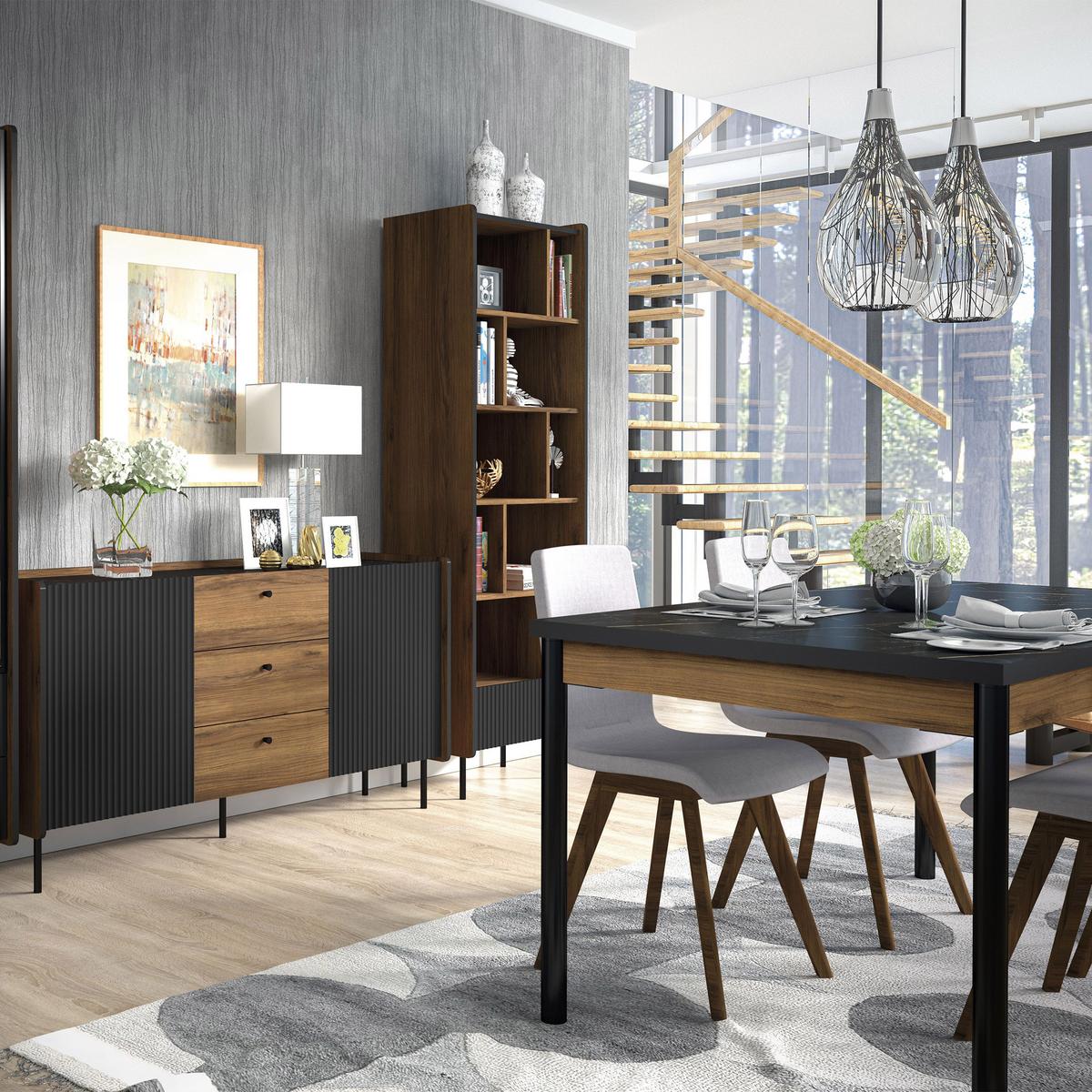 KOMMODE Piano mit 2 Türen und 3 Schubladen, Mattschwarz + Warmia-Nussbaum - Dunkelbraun/Schwarz, Holzwerkstoff (150/79/40cm) - Beautysofa