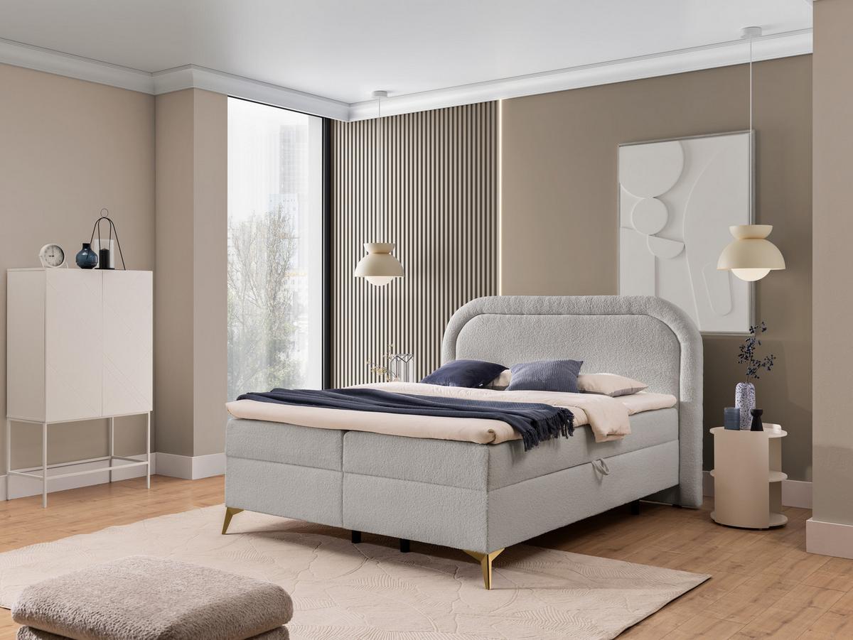 BOXBETT Sonna 180/200 cm Hellgrau Bouclé-Stoff mit abgerundetem Kopfteil und mit goldenen Metallfüßen - Goldfarben/Hellgrau, Holz/Textil (180/200cm) - S-Style Möbel