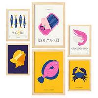 POSTER Set Mit 6 Lebensmittel Und Ernährungs Meeresfrüchte Natur Und Botanikdrucke Für Innenarchitektur A3 & A4 Rahmen Aus Hellem Holz - Beige, Papier (29/3cm) - Nacnic