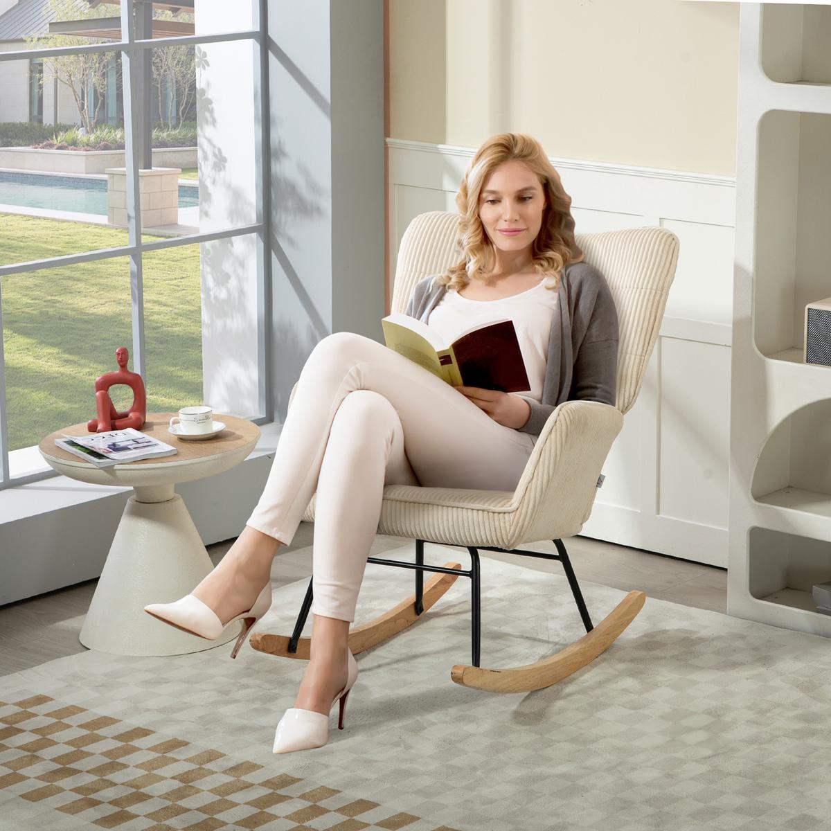 SCHAUKELSTUHL, Schaukelsessel mit Kordoptik, Armlehne für Wohnzimmer, Beige - Beige/Naturfarben, Buchenholz/Textil (98/101/71cm) - HOMCOM