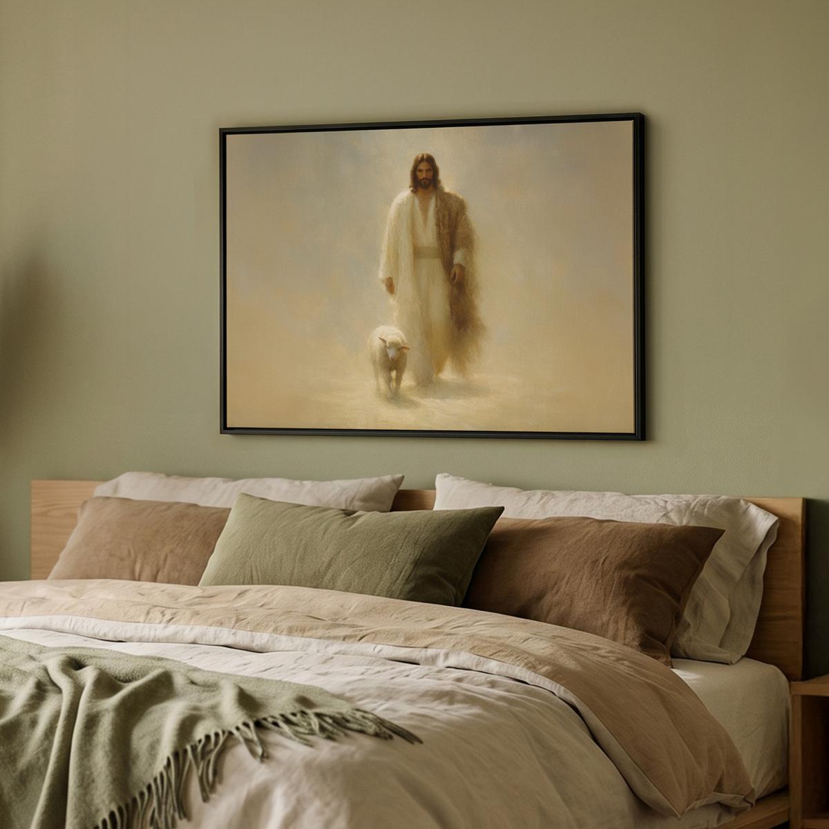 LEINWAND Bilder mit Rahmen - Schaf - Jesus - Pinselstriche - Abstrakt - 70x50 - Beige, Textil (70/50cm) - MuchoWow