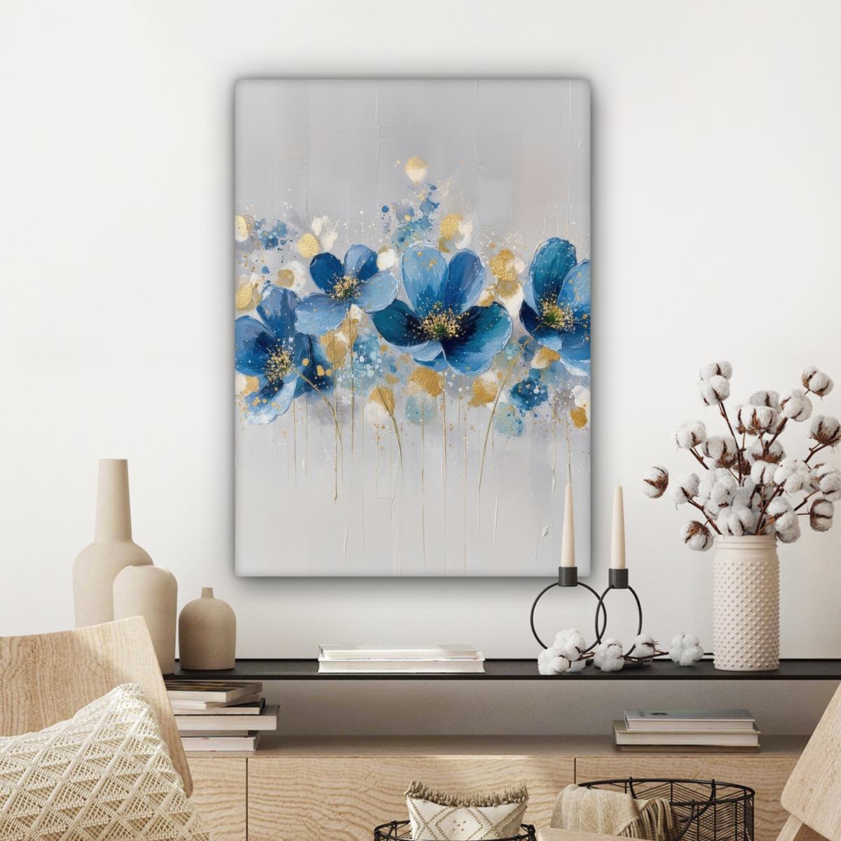 LEINWANDBILD Blumen - Blau - Abstrakt Wandbild Wohnzimmer 60x80 cm - Hellgrau, Textil (60/80cm) - MuchoWow