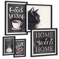 BILDER SET 5er Set - 50x50 cm & 20x30 cm & 40x60 cm Schwarzer Rahmen - Hausküchenthemen Katze - Schwarz, Kunststoff (40/60cm) - TULUP