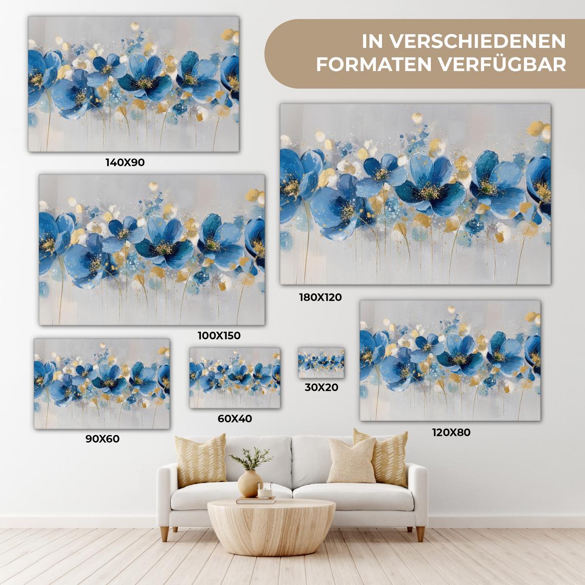 LEINWANDBILD Blumen - Blau - Abstrakt Gemälde 60x40 cm - Hellgrau, Textil (60/40cm) - MuchoWow