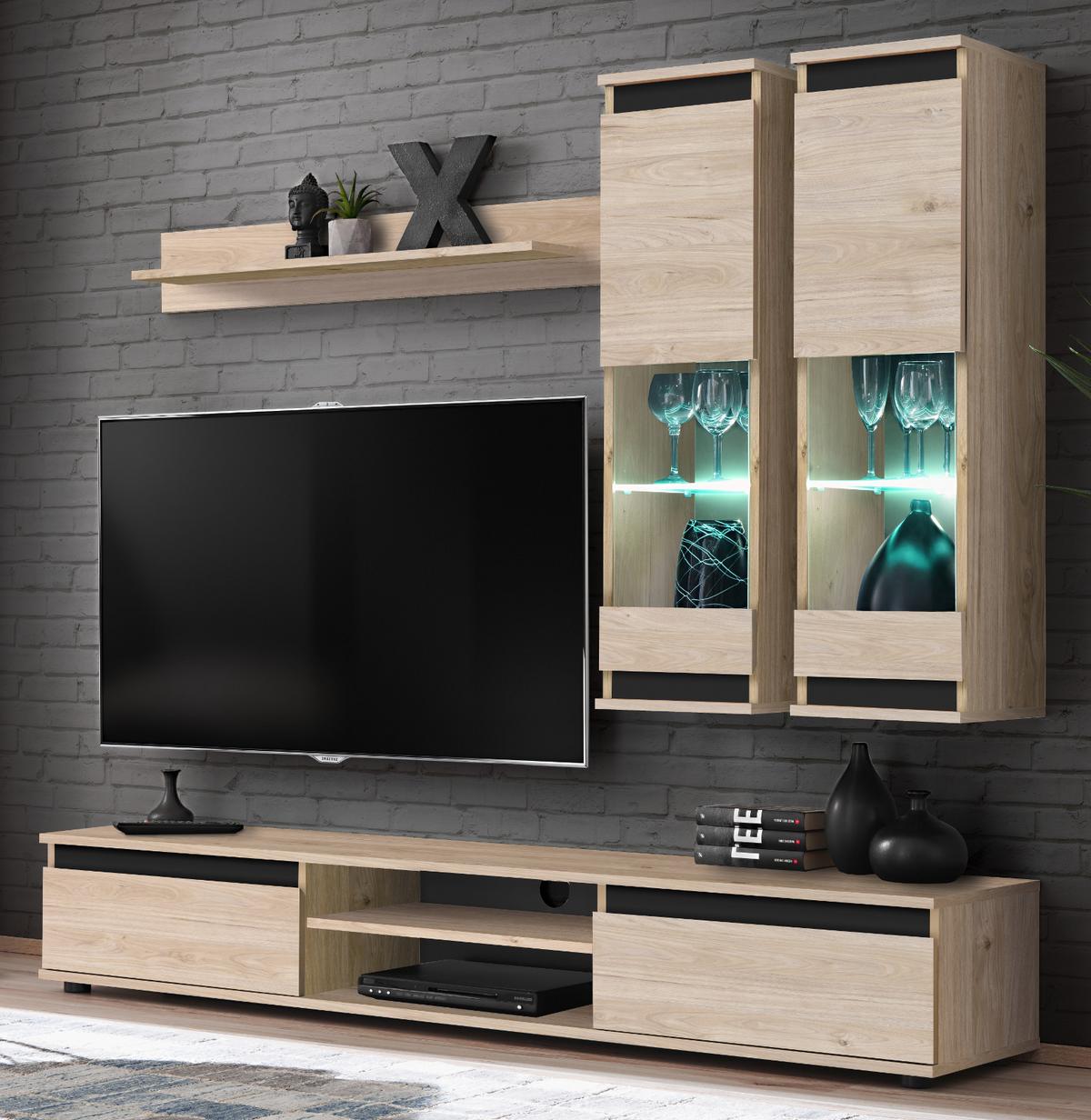 WOHNWAND Eiche Hickory, schwarz 4-teilig 175 cm, Schrankwand mit LED-Beleuchtung - Eichefarben/Schwarz, Glas/Holzwerkstoff (175/150/37cm) - Inn.Furn