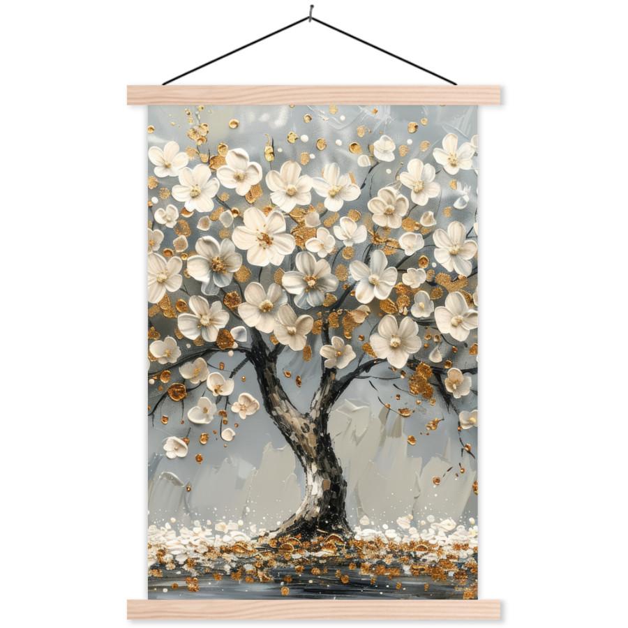 POSTER MIT MAGNETLEISTEN Baum - Blumen - Weiß - Natur - Kunst Wandbild Schlafzimmer 60x90 cm - Weiß, Textil (60/90/0.15cm) - MuchoWow