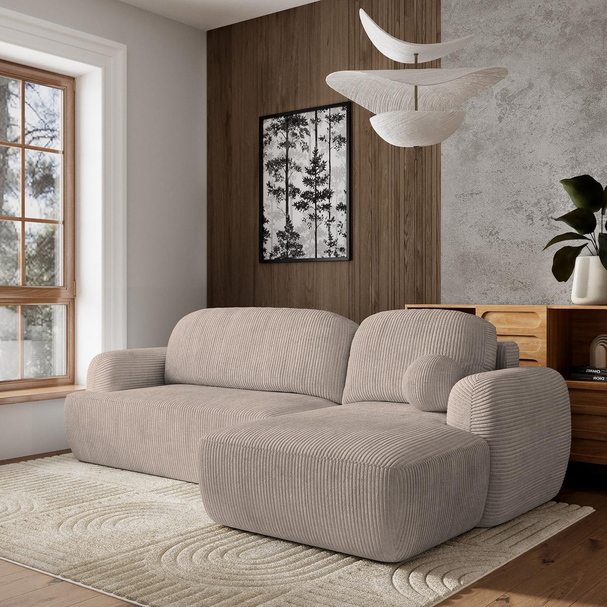 ECKSOFA MODENZA P R-S Beige Kordstoff mit Schlaffunktion - Beige/Schwarz, Holz/Kunststoff (266/148cm) - MASSENO