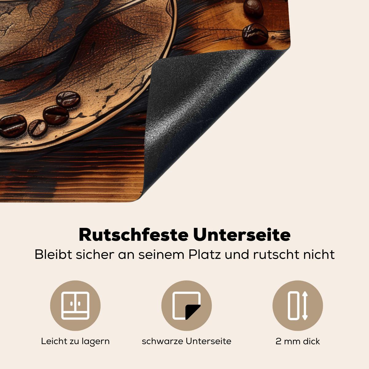 HERDABDECKPLATTE Kaffee - Vintage - Braun - Tasse - Holz Herdabdeckung Induktionsfeld 65x52 cm - Cappuccino, Kunststoff (65/52/0.2cm) - MuchoWow