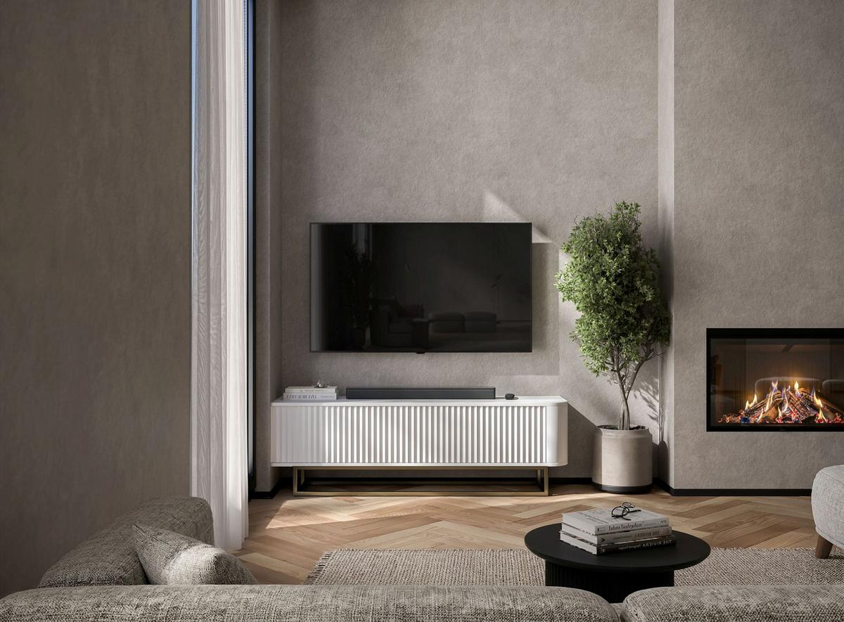 TV-LOWBOARD Aurora in Weiß matt 140 cm mit goldenem Metallrahmen - Schwarz/Weiß, Holzwerkstoff/Metall (140/44/35cm) - Meble Lindner