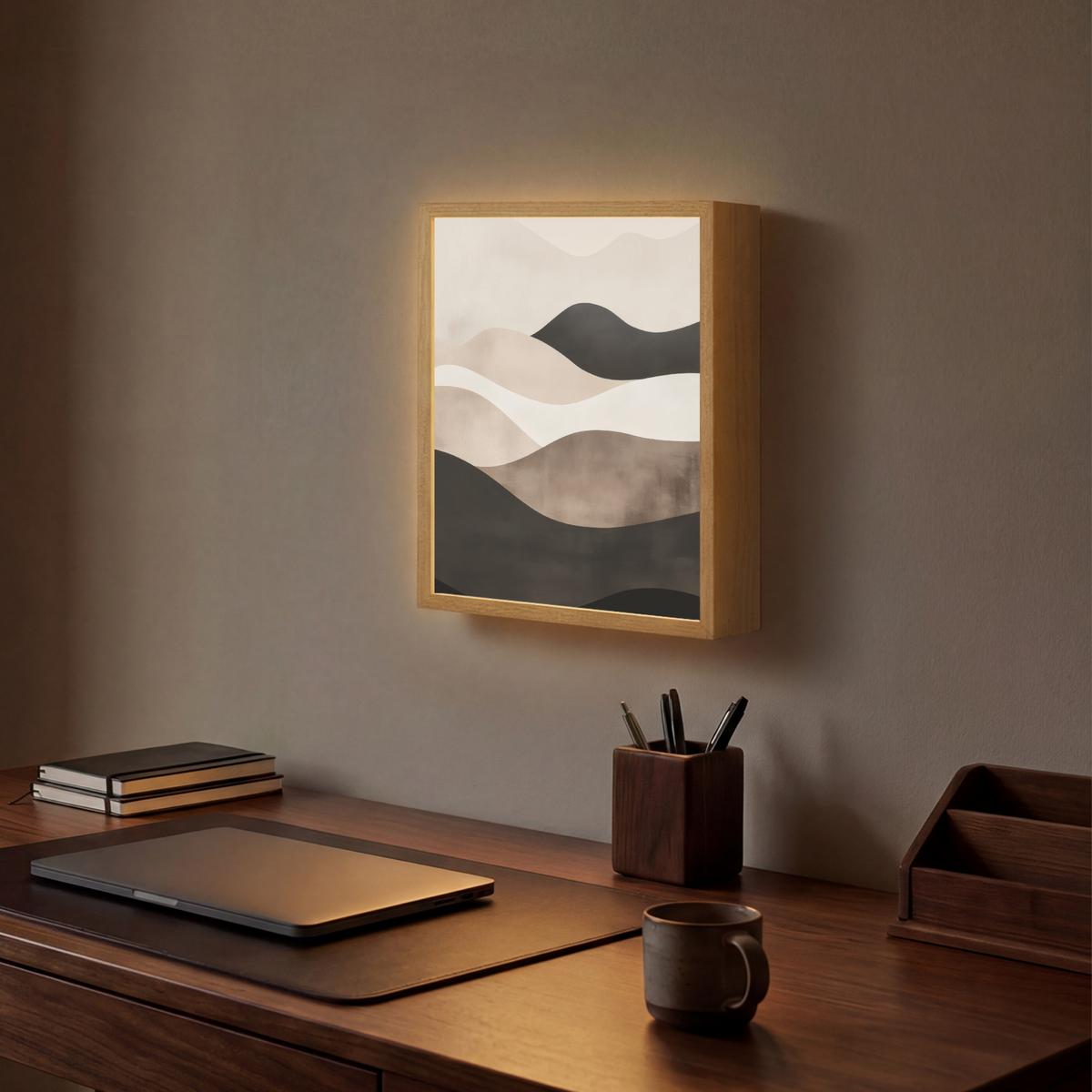 WANDLEUCHTE MIT AKKU Abstrakt - Landschaft - Wellen - Cremefarben 30x40 cm - Graubraun, Holzwerkstoff (30/40/8cm) - OnlyWow