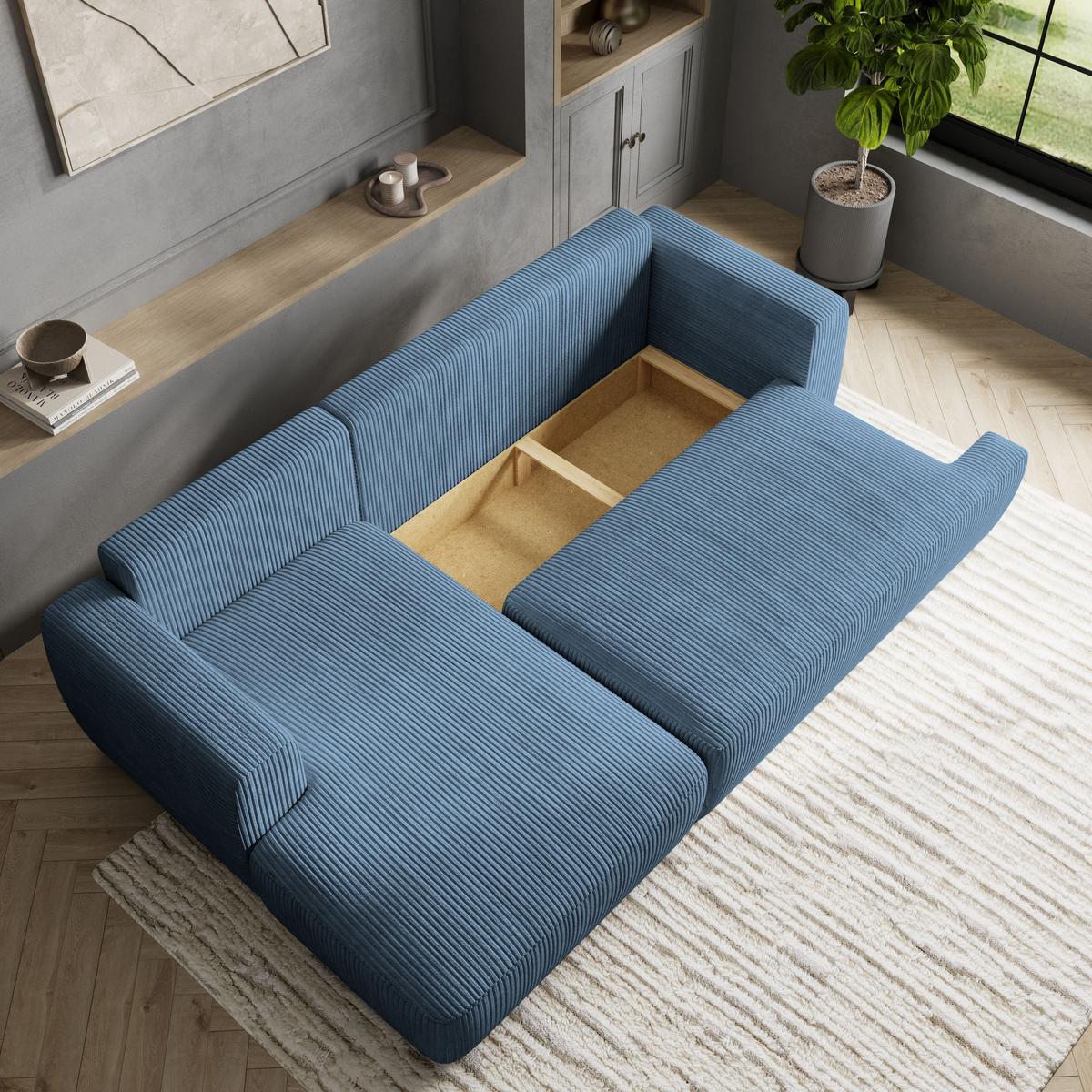 ECKSOFA SENTI P L-S Blau Kordstoff mit Schlaffunktion - Blau/Schwarz, Holz/Kunststoff (246/148cm) - MASSENO