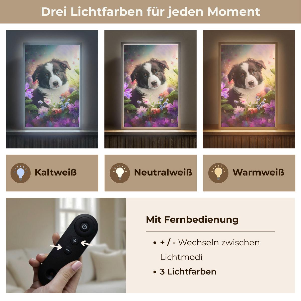 NACHTTISCHLAMPE MIT AKKU Welpe - Sonne - Blumen - Natur - Border Collie - Hund 40x60 cm - Violett, Holzwerkstoff (8/40/60cm) - OnlyWow