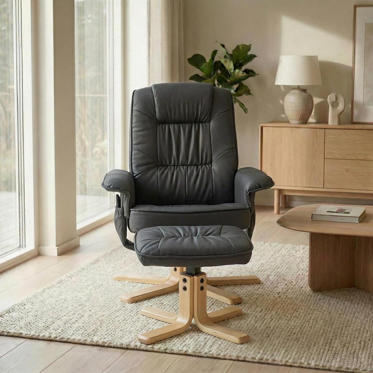 RELAXSESSEL KUNSTLEDER, SET MIT HOCKER CHARLY grau - Grau, Textil (76/87/61cm) - IDIMEX