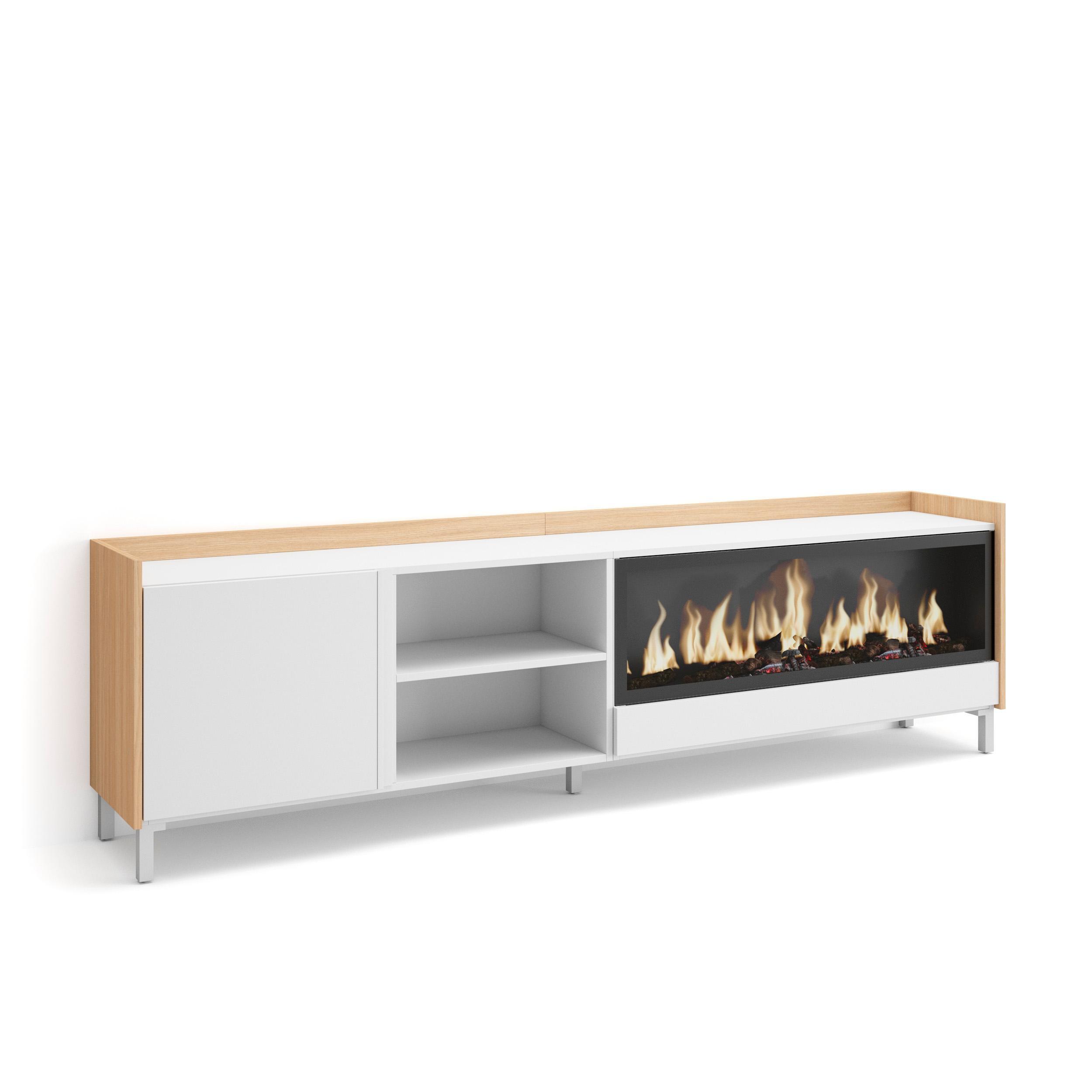 LOWBOARD, Weiß und Eiche, 212/35/61cm, Kamin mit Feuereffekt XXL - Weiß, Holzwerkstoff (212/61/35cm) - Skraut Home
