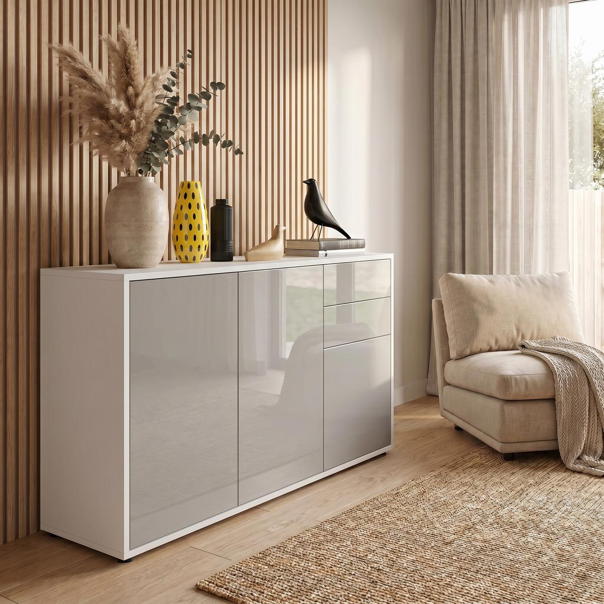 KOMMODE Ben Front in Sandgrau Hochglanz - Sandfarben, Holzwerkstoff (117/74/36cm) - Vladon