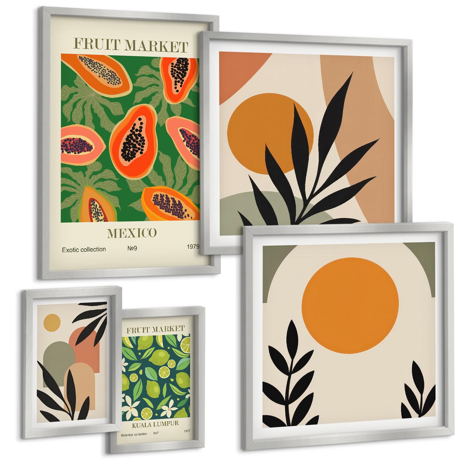 BILDER SET 5er Set - 50x50 cm & 20x30 cm & 40x60 cm Silberner Rahmen - Fruchtmuster der italienischen Kultur - Silberfarben, Kunststoff (40/60cm) - TULUP
