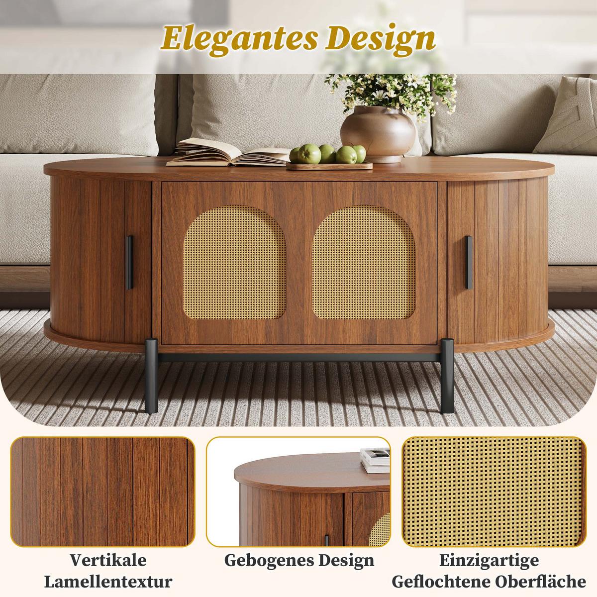 COUCHTISCH in holzoptik mit rattan, ovale form und schiebetüren - Walnussfarben, Holzwerkstoff (50/100/40cm) - Urban Meuble