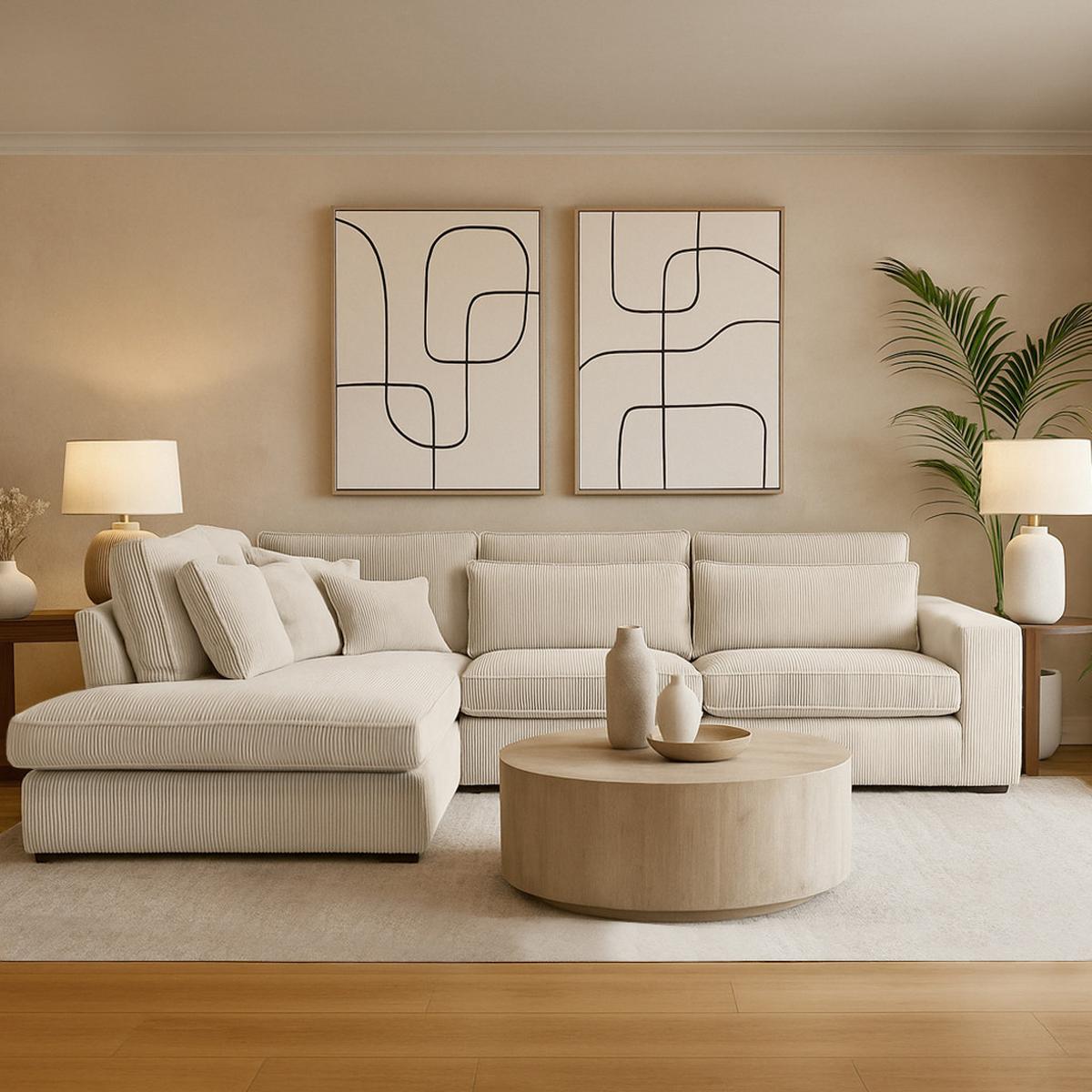 ECKSOFA Parma ohne Schlaffunktion, Cord-Stoff, Creme, Links - Beige/Schwarz, Textil (314/224cm) - Beautysofa