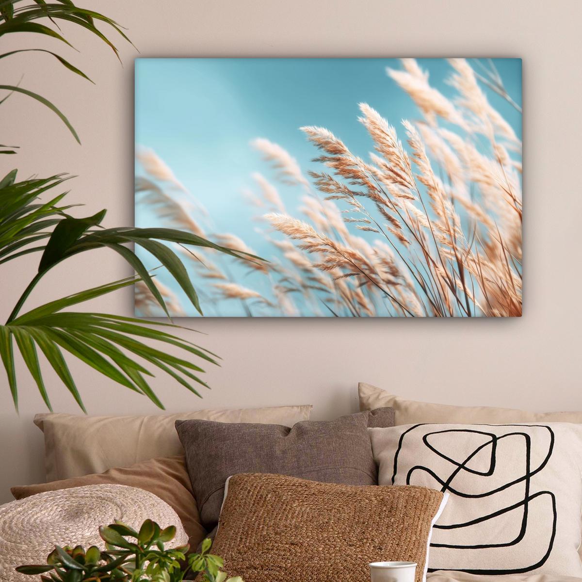 LEINWANDBILD Ziergras - Wind - Hellbraun Wanddeko 90x60 cm - Hellblau, Textil (90/60cm) - MuchoWow