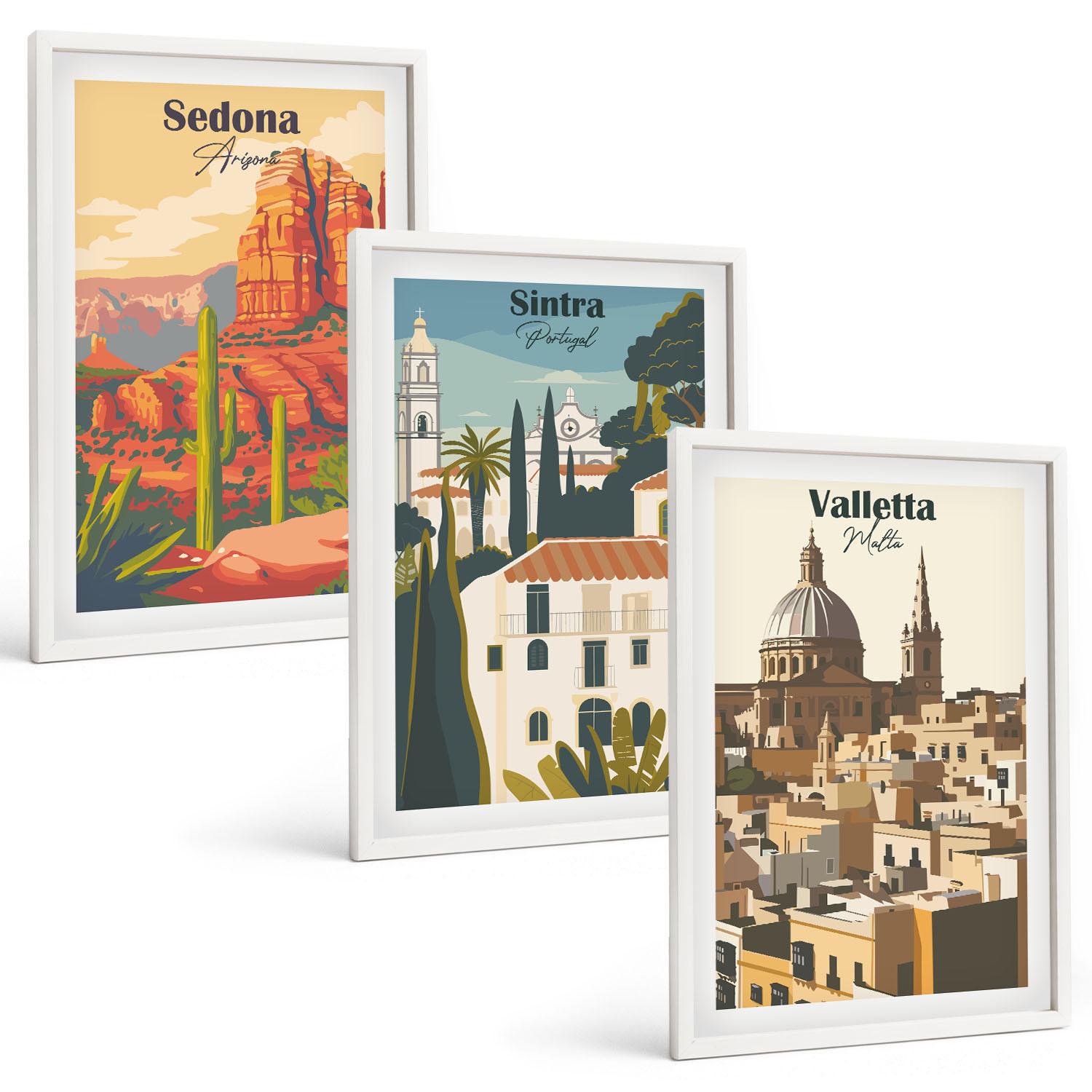 BILDER SET 3er Set - 40x60 cm Weißer Rahmen - Ansichten Sedona Sintra Valletta Retro - Weiß, Kunststoff (40/60cm) - TULUP