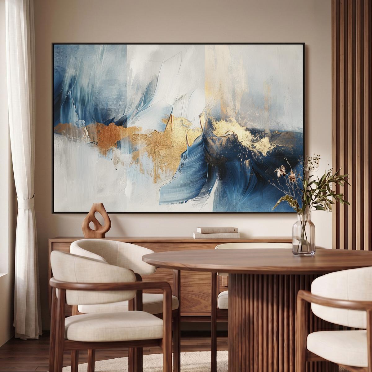 LEINWAND Bilder mit Rahmen - Gold - Blau - Aquarell - Kunst - Modern - 140x90 - Hellblau, Textil (140/90cm) - MuchoWow