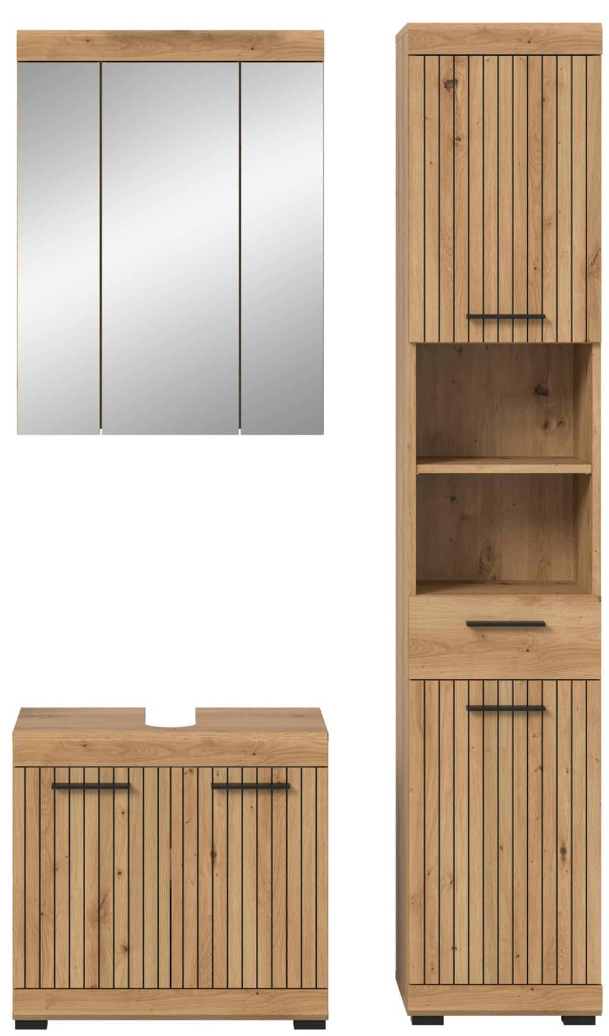 BADMÖBEL-SET 3-teilig Eiche Artisan 112 x 191 cm, Badkombination modernes Design - Schwarz/Eiche Artisan, Glas/Holzwerkstoff (112/191/34cm) - Inn.Furn