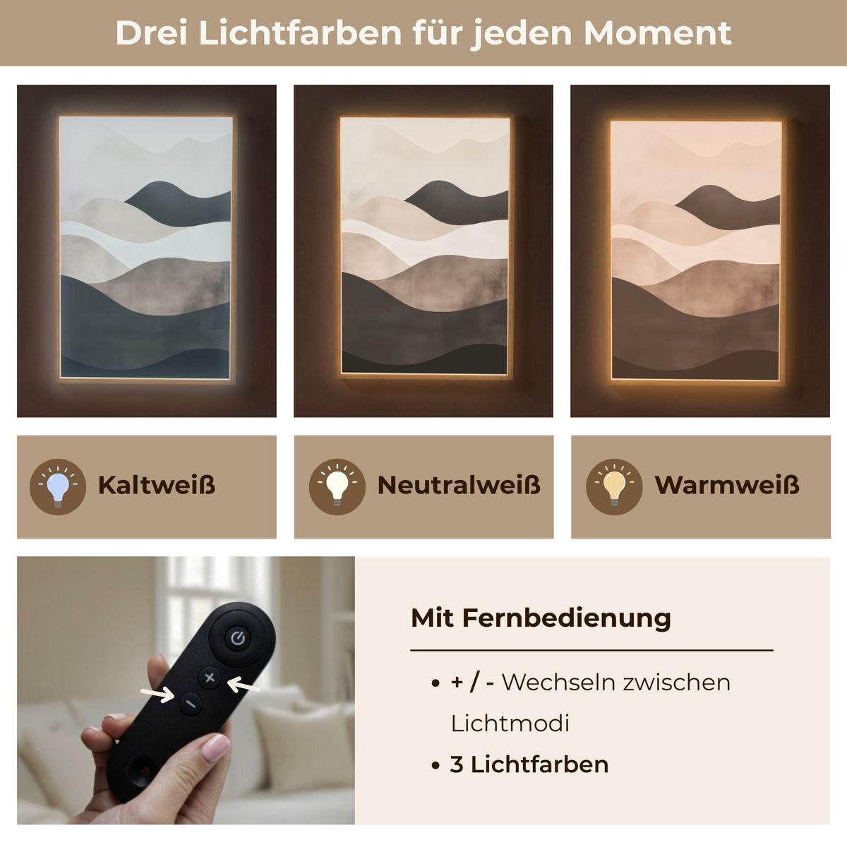 WANDLEUCHTE MIT AKKU Abstrakt - Landschaft - Wellen - Cremefarben 60x90 cm - Graubraun, Holzwerkstoff (60/90/8cm) - OnlyWow