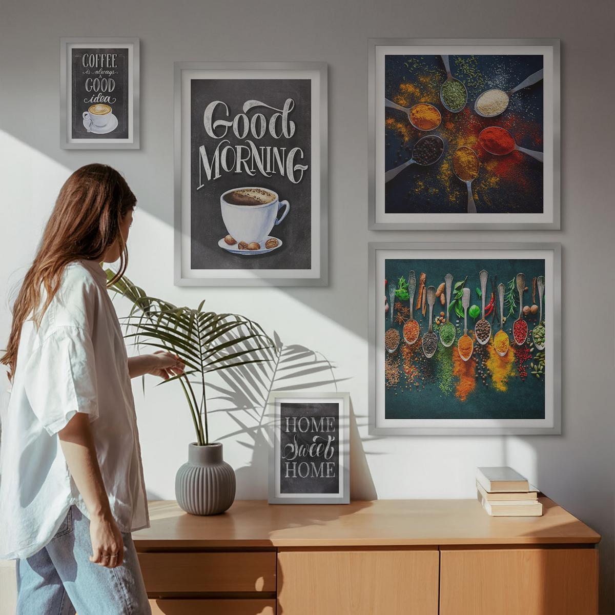 BILDER SET 5er Set - 50x50 cm & 20x30 cm & 40x60 cm Silberner Rahmen - Gewürze, Kaffee, Tasse, Kräuter - Silberfarben, Kunststoff (40/60cm) - TULUP
