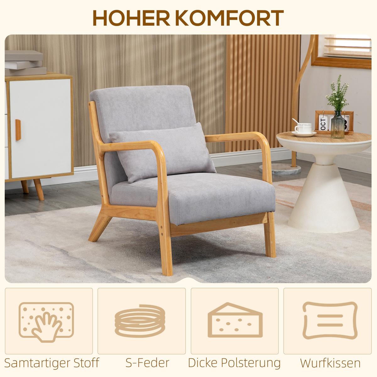 SESSEL Loungesessel mit Armlehne, Lendenkissen, S-Feder für Schlafzimmer, Grau - Naturfarben/Grau, Holz/Textil (61/76/78cm) - HOMCOM