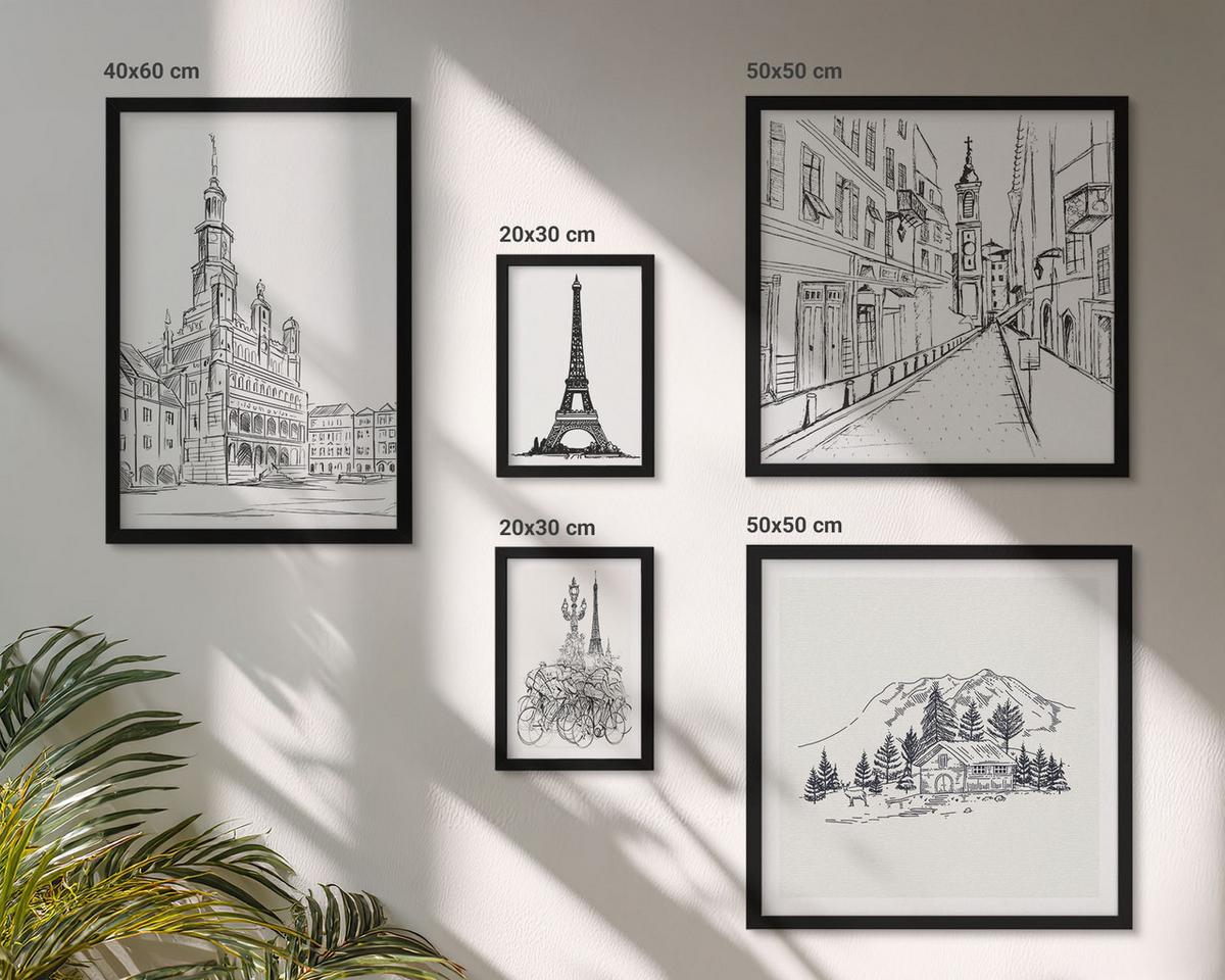 BILDER SET 5er Set - 50x50 cm & 20x30 cm & 40x60 cm Schwarzer Rahmen - Abstrakte Gemäldekompositionen - Schwarz, Kunststoff (40/60cm) - TULUP