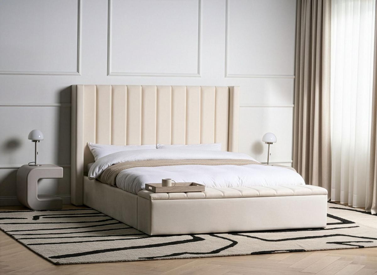 BETT mit Stauraum bank160/200 cm Samtstoff Cremeweiß Noyers - Creme, Textil (160/200cm) - Beliani