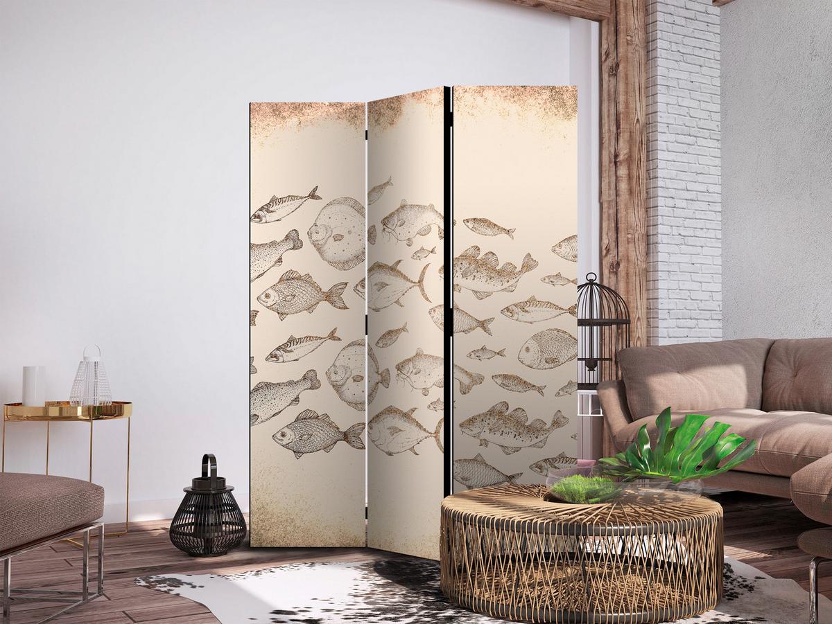 PARAVENT Akustik 3-tlg 135x172 cm Fischschwarm Vintage Stil - Beige, Holz/Textil (135/172/3cm) - Muralo