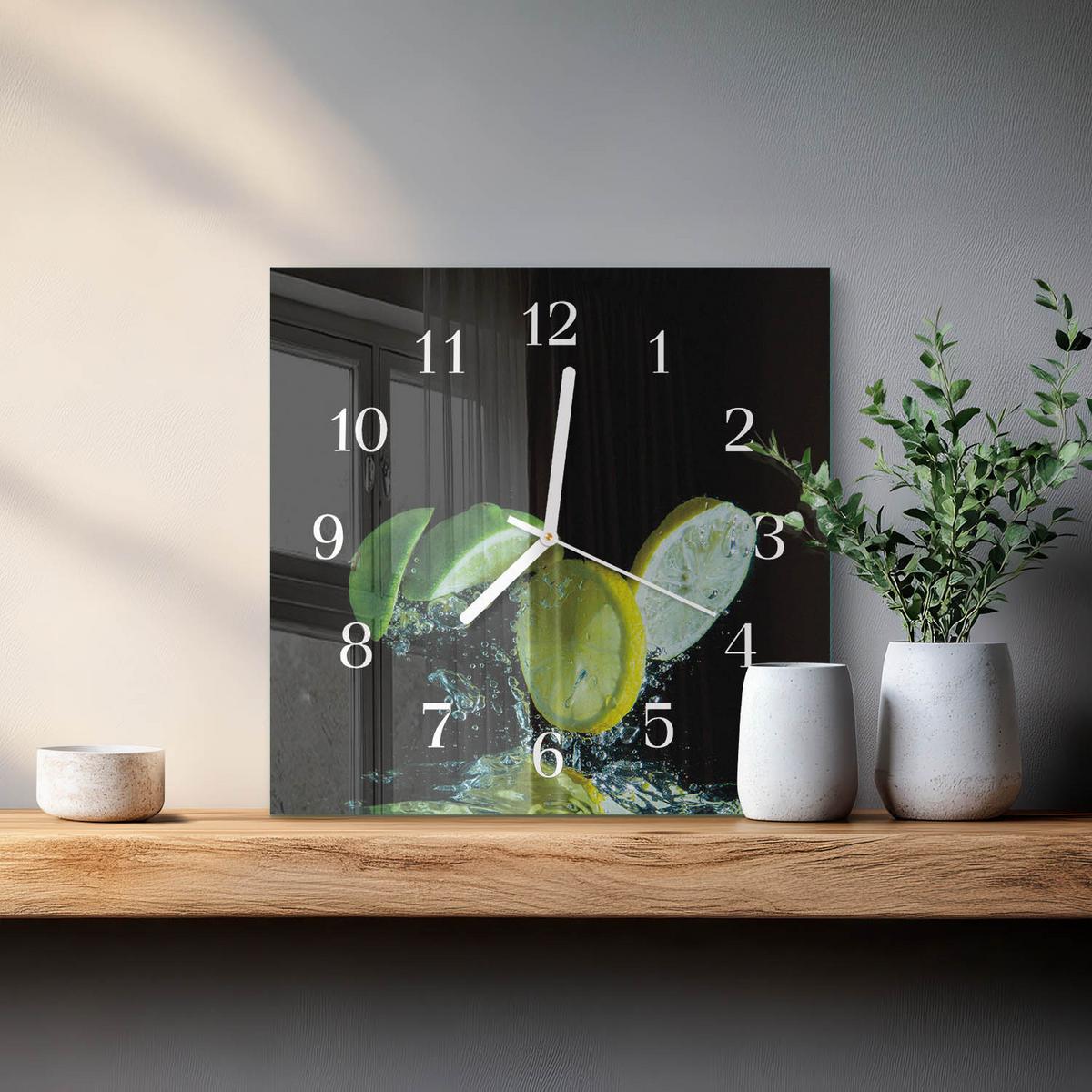 WANDUHR aus Glas 30x30 cm - Zitrone und Limette - Grün, Glas (30/30/0.4cm) - TULUP