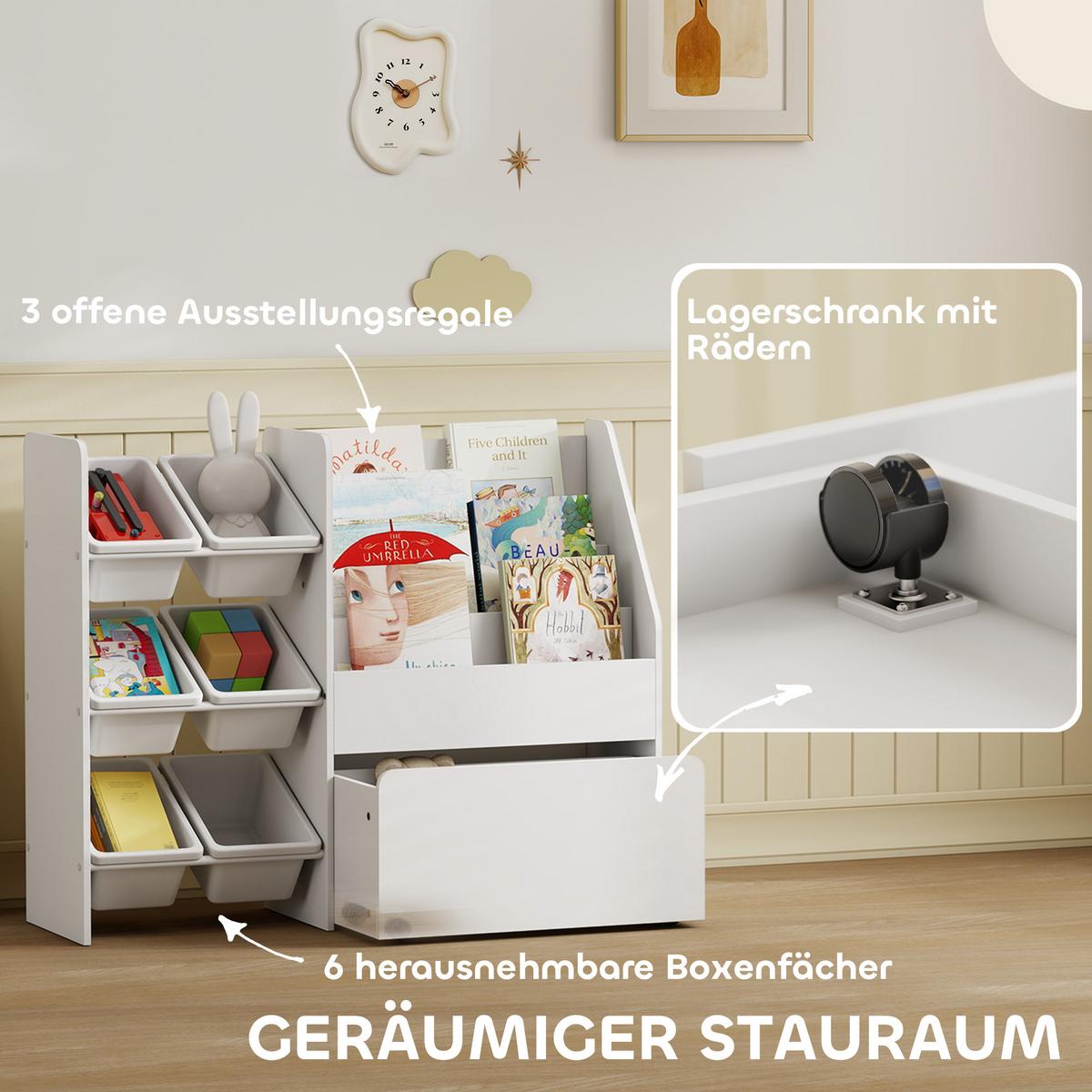 KINDERREGAL Bücherregal mit 6 herausnehmbaren Boxen Ablagen - Weiß, Holzwerkstoff (30/80/100cm) - AIYAPLAY