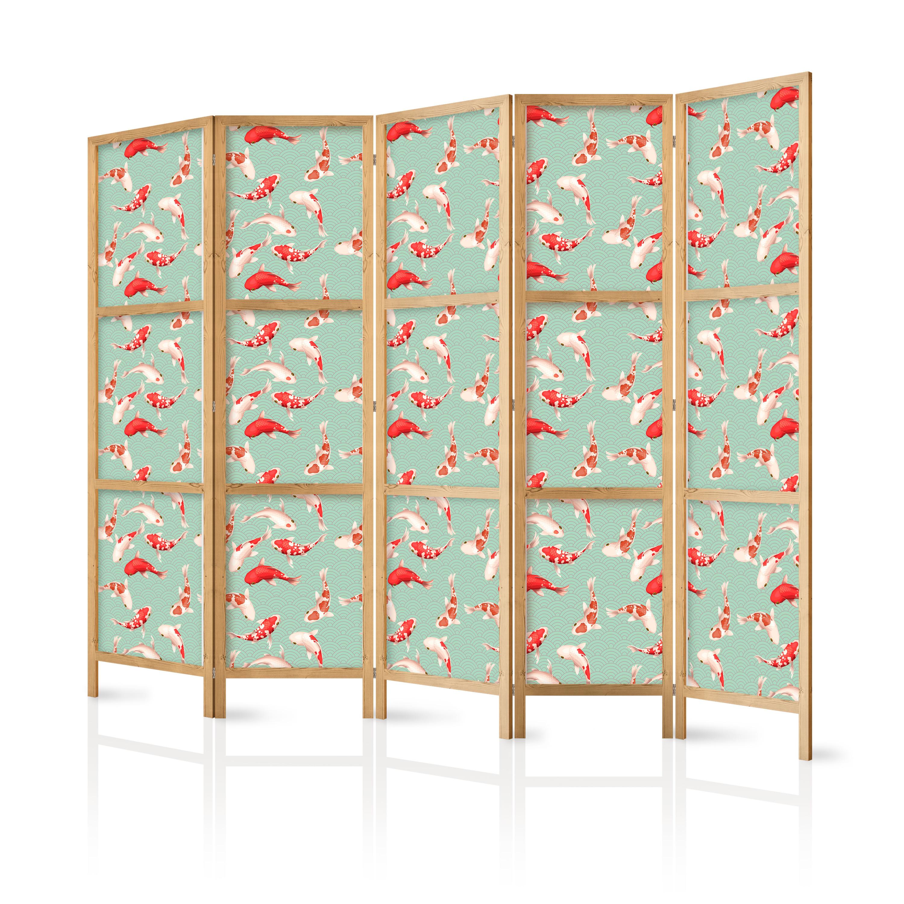 PARAVENT Japanischer 5-tlg 225x172 cm Koi-Fische - Grün, Holz/Textil (225/172/3cm) - Muralo