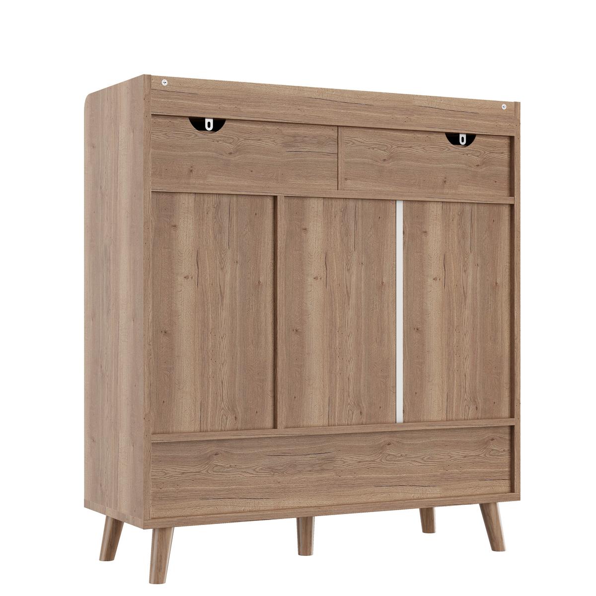SCHUHSCHRANK weiß & holzoptik, 3 türen & 2 schubladen mit rillendesign - Naturfarben, Holzwerkstoff (90/100/35cm) - Urban Meuble