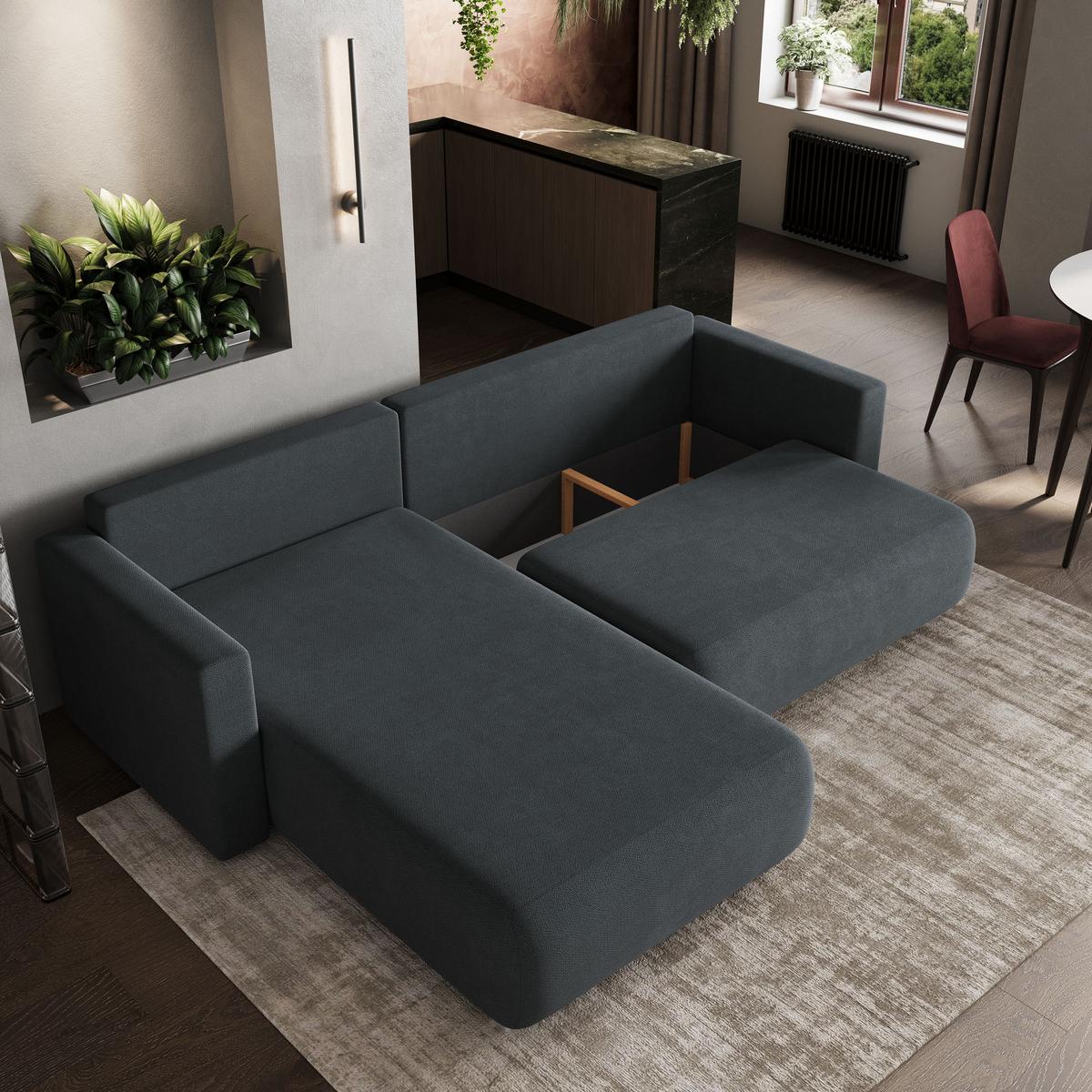 ECKSOFA TURIN Graphitfarben Geflochtener Stoff mit Schlaffunktion - Graphitfarben, Holz (265/183cm) - MASSENO