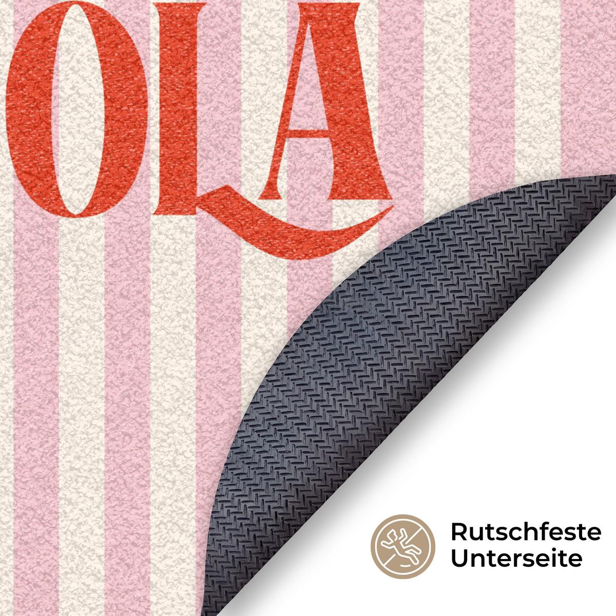 FUSSMATTE Hola - Zitat - Streifen - Pastell - Rosa - Rot - Weiß Schmutzfangmatte 90x90 cm - Rosa, Kunststoff (90/0.4cm) - MuchoWow