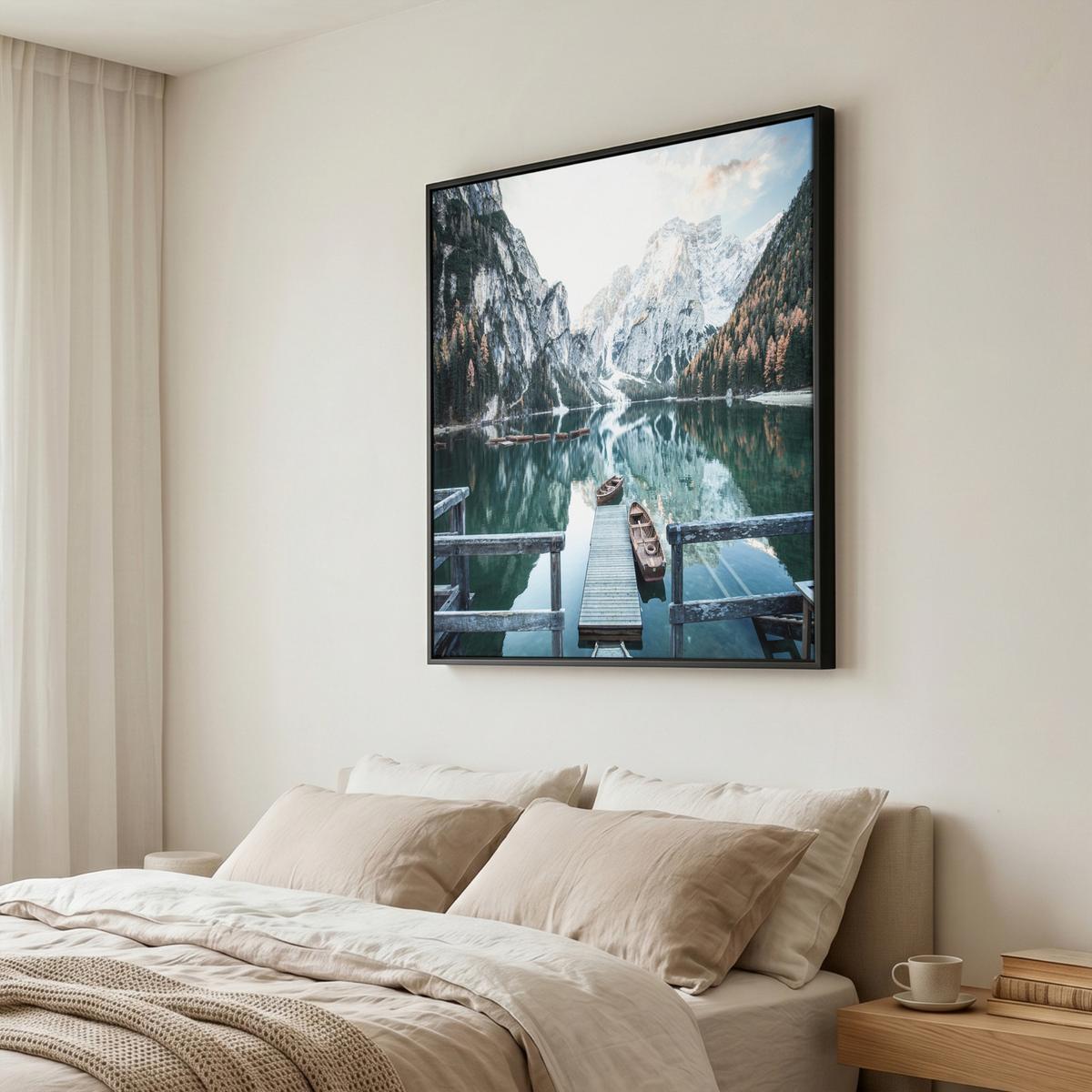 LEINWAND Bilder mit Rahmen - Natur - Berge - Schnee - Wald - Boot - 90x90 - Hellgrün, Textil (90/90cm) - MuchoWow