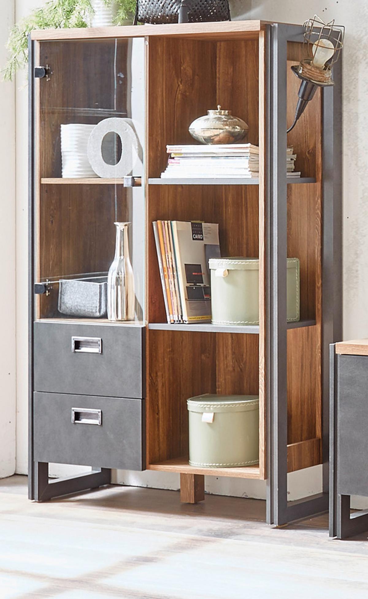 HIGHBOARD Eiche Stirling, Matera grau, Vitrine 90 x 140 cm - Eichefarben/Grau, Holzwerkstoff/Metall (90/140/33cm)