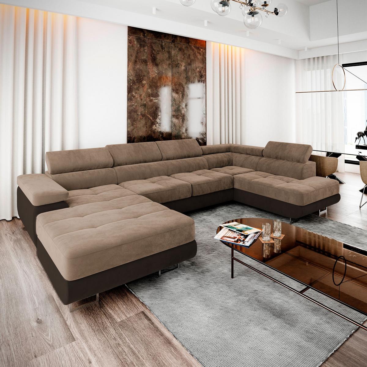 WOHNLANDSCHAFT CASONE R-S Beige Velours-Stoff mit Schlaffunktion - Beige/Silberfarben, Holz/Textil (345/90/202cm) - MASSENO