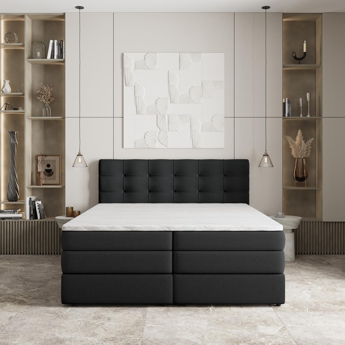 BOXSPRINGBETT AREZI 140x200 cm mit Matratze und Topper - Schwarz - Schwarz, Holz (140/200cm) - MASSENO